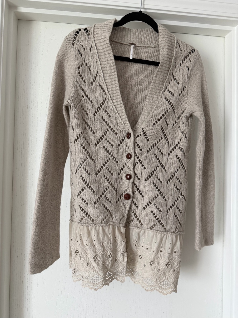 Free People Beige Open-Knit Button Cardigan with Lace Trim